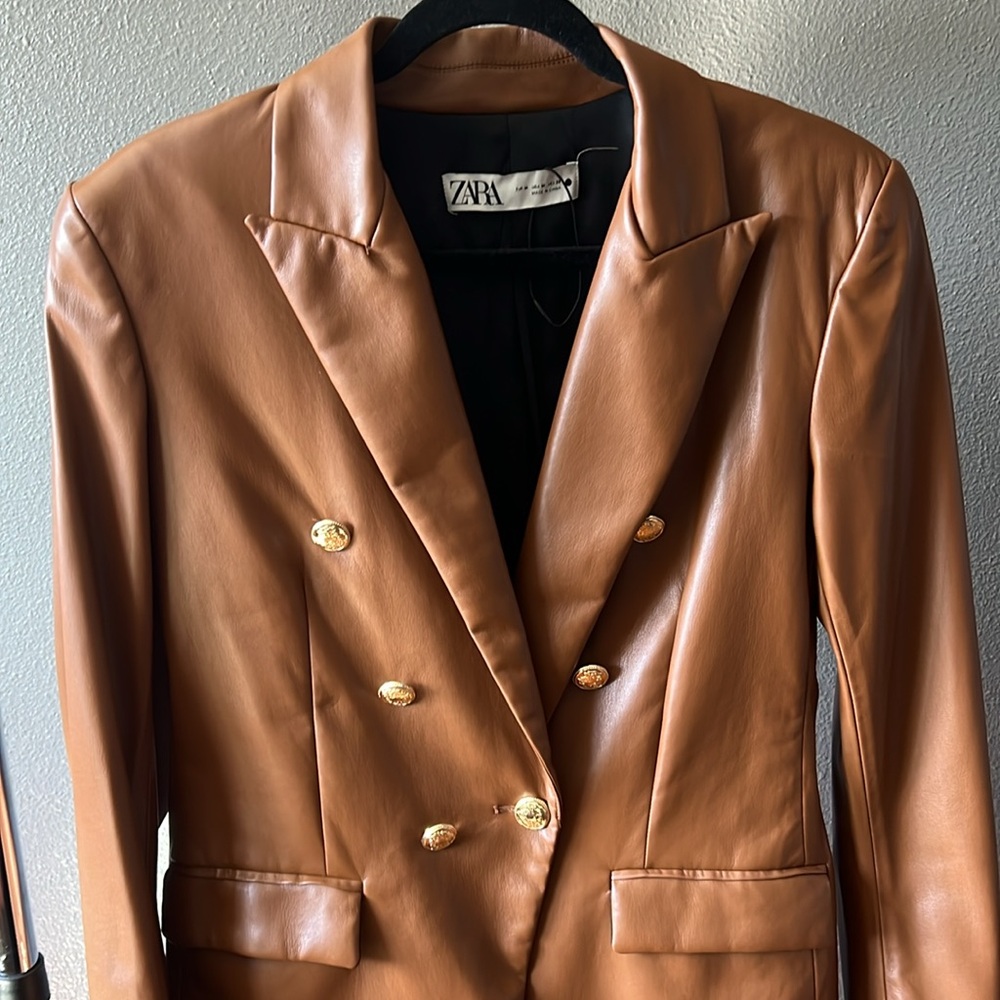 Zara TAN LEATHER Blazer - Picture 2 of 12
